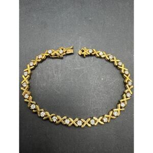 FAS Signed Gold Over 925 Sterling Silver CZ Tennis Bracelet in X Link Pattern 7"